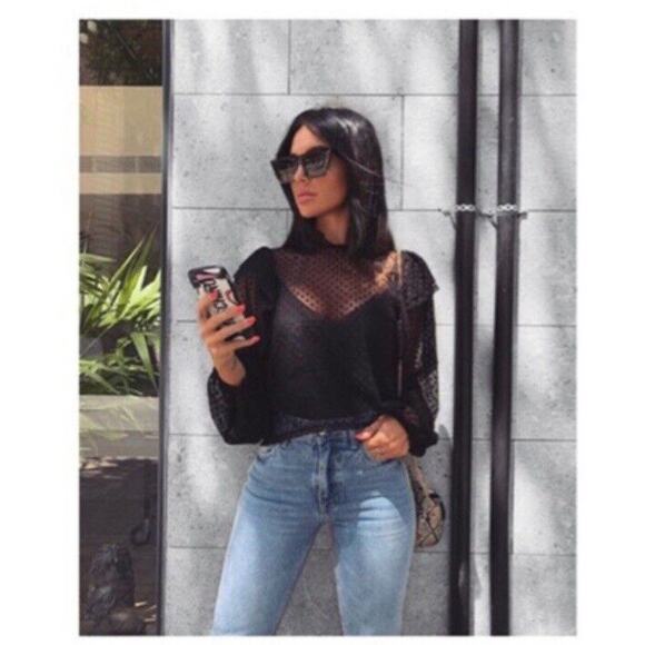 Zara Black Sheer Polka Dot Ruffled Long Sleeve Mock Neck Top Sz S Whimsygoth - Picture 2 of 8